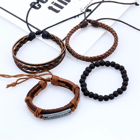 4Pcs/Set Men Fashion Adjustable Faux Leather Braided Rope Believe Letters Beaded Bracelet