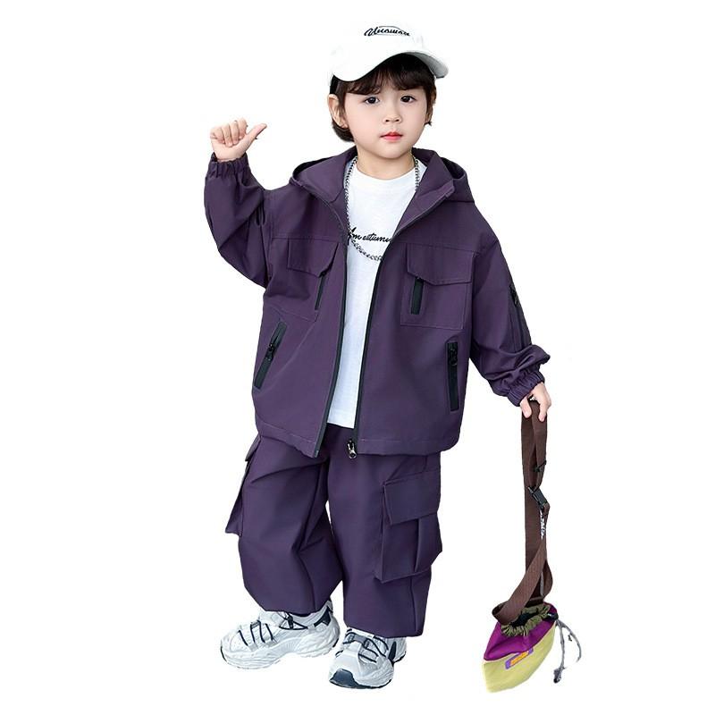 Boys Solid Color Utility Suit Set 2026 Kids Sporty Hooded Jacket Pants Two-Piece Outfit Ages 3-8