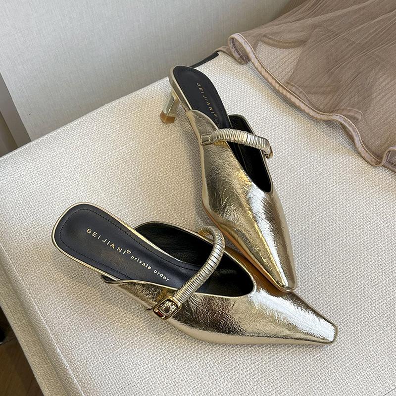 Versatile Temperament Baotou Sandals Women's Outer Wear Pointed Toe Thin Heel Half Slippers Medium Heel Mueller Shoes High Heels