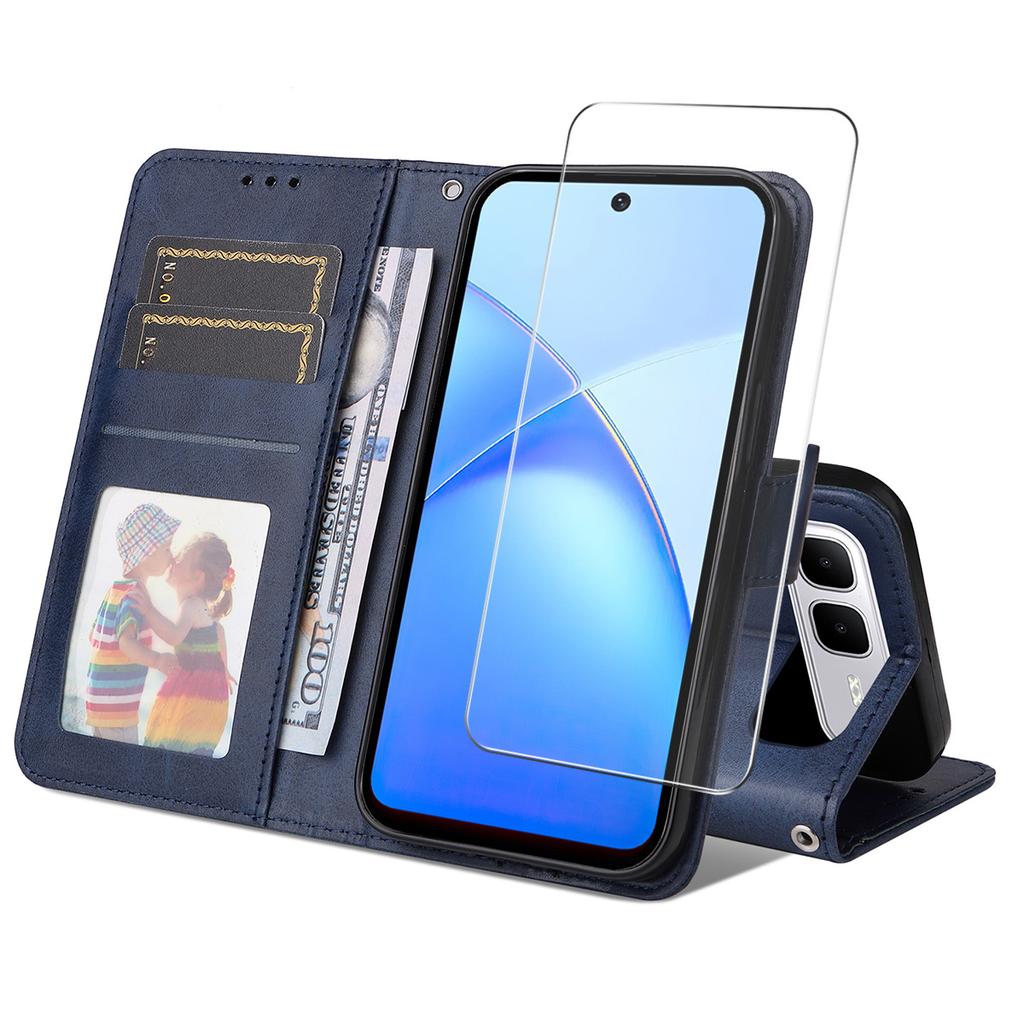 For Infinix Smart 10 Plus PU Leather Wallet Case Phone Stand Cover with Tempered Glass