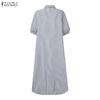 ZANZEA Women Casual Turn Down Collar Summer Short Sleeve Stripe Shirt Dress