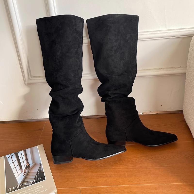 New Wide Tube Thick Leg Long Boots Big Tube Circumferential Boots Women's Flat Bottom Stacking Boots Straight Boots Suede High Boots