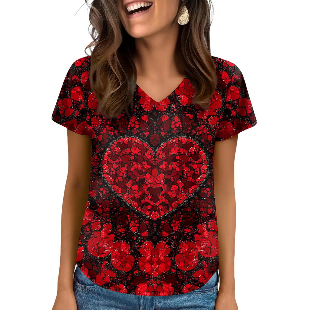 Women's V-neck Valentine's Day Printed Short-sleeved Top With Pockets And Side Slits, Suitable For Caregivers.