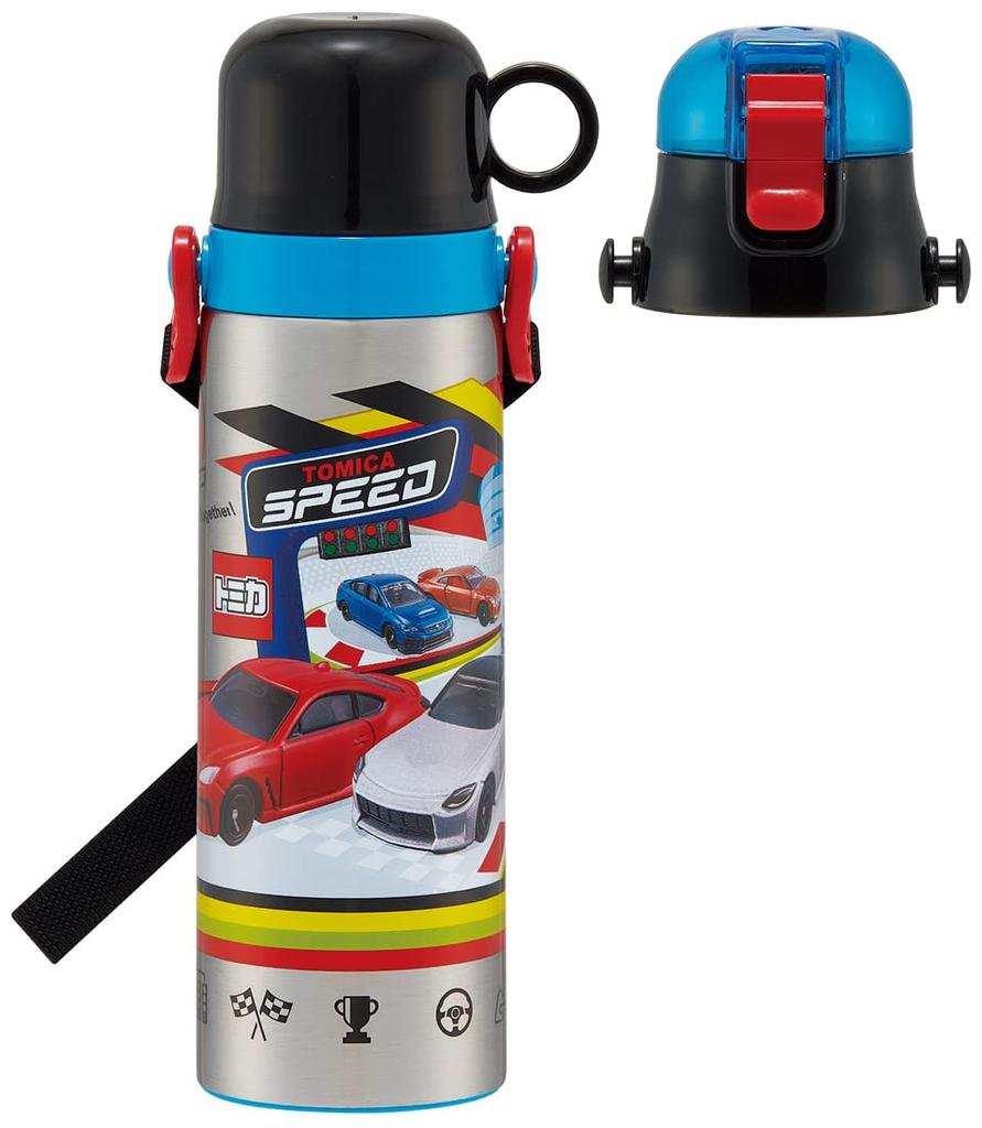 Skater Children's Stainless Steel Water Bottle, 2-Way Design, 580ml (Direct Drinking) and 570ml (Cup Drinking), Tomica 23 Design, Kid-Friendly and