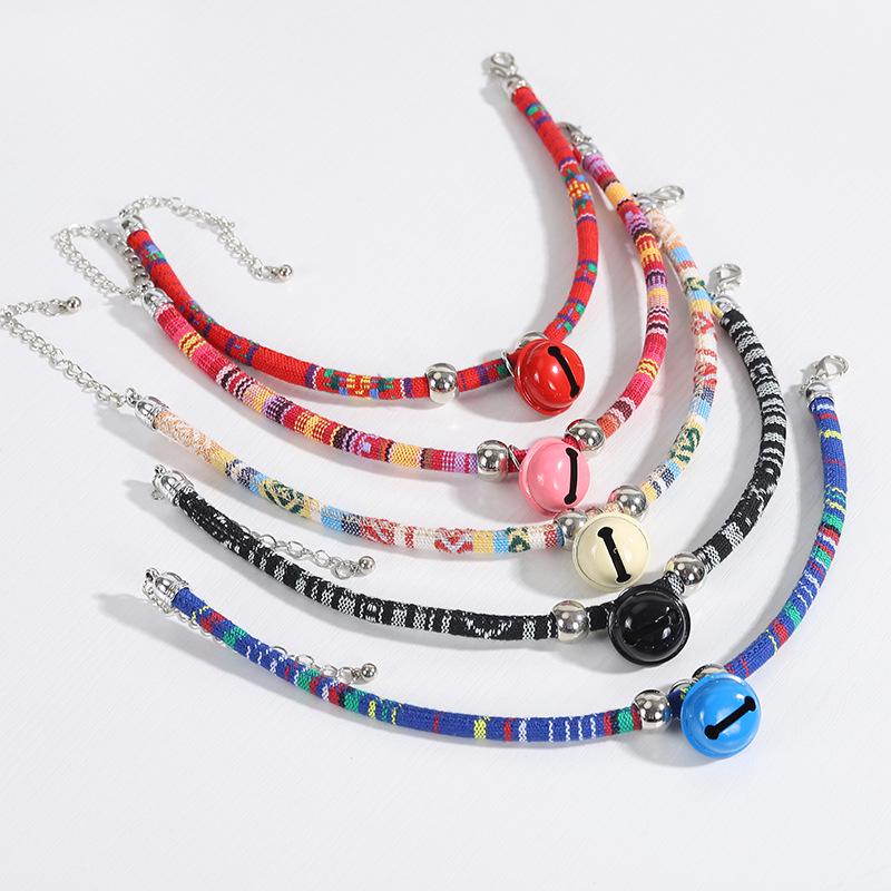 Colorful Ethnic-Style Adjustable Pet Collar with Bell for Cats and Puppies