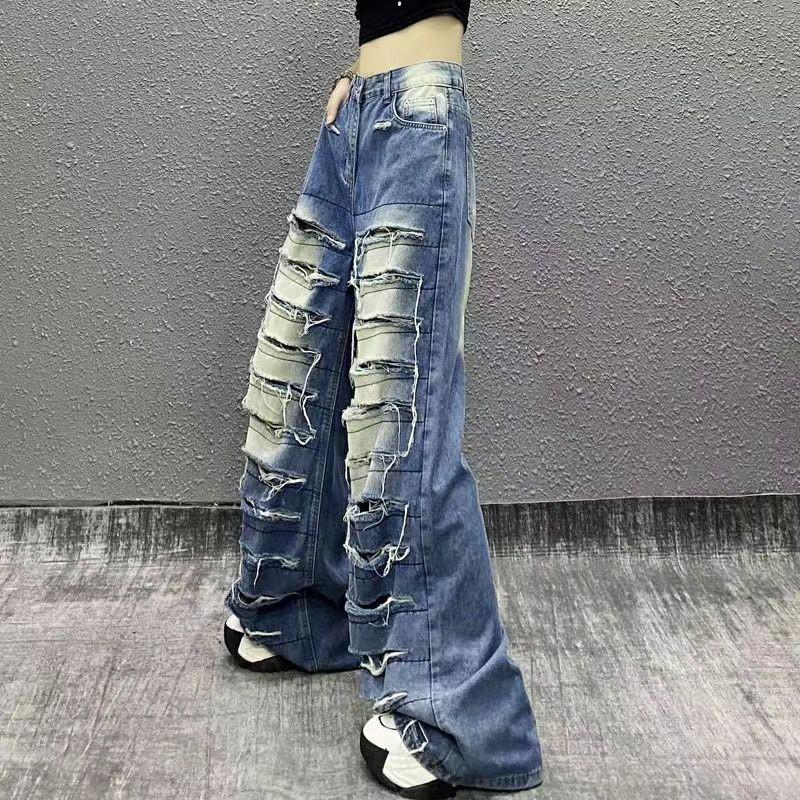 Plus Size Womens Distressed Jeans High Waist Loose Wide Leg Streetwear Denim Pants