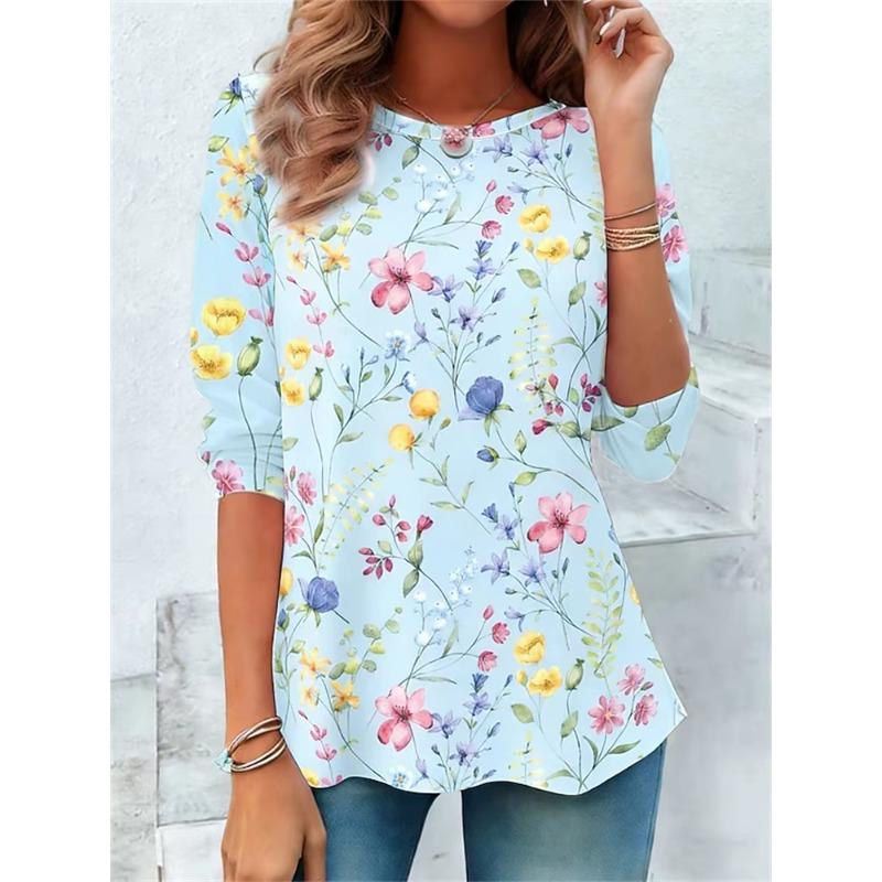 Efterår og Vinter Dame Blomst 3D Printet Rund Hals Langærmet T-shirt