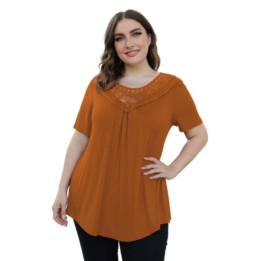 Short Sleeve Lace Hallow Out Patchwork Pleated A Line Casual T Shirt for Summer Women Plus Size Top