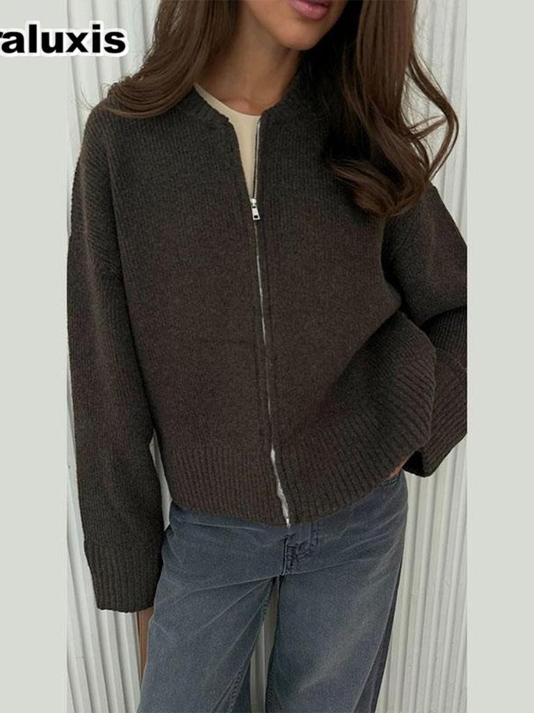 Autumn Crewneck Pullover Sweater Women's Chic Commute Style Zipper Jacket Loose Versatile Top