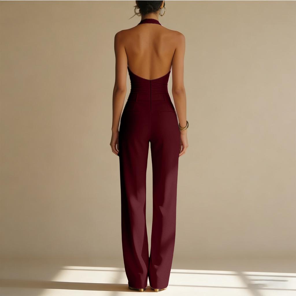 Women Neck Sleeveless Jumpsuit Wide Leg Backless Pants Outfit with Pockets for Evening Party Wear