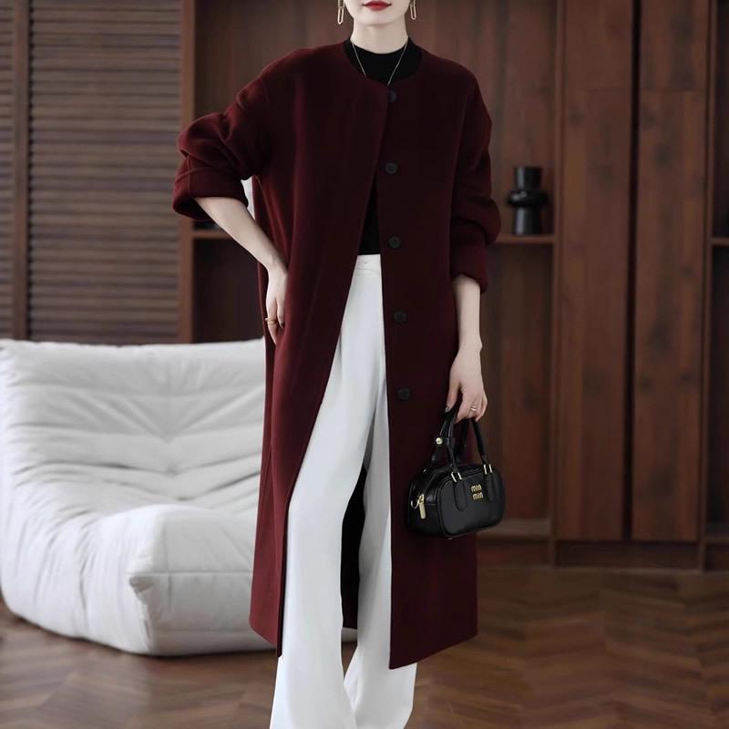 Women's Extra Long Double-Faced Wool Coat - Round Neck, Chinese Style