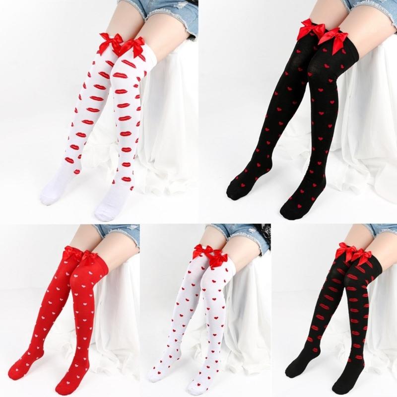 Valentines Day Over Knee Long Socks Cute Bowknots Lip Heart Pattern Thigh High Stockings for Women Parties Casual Wear