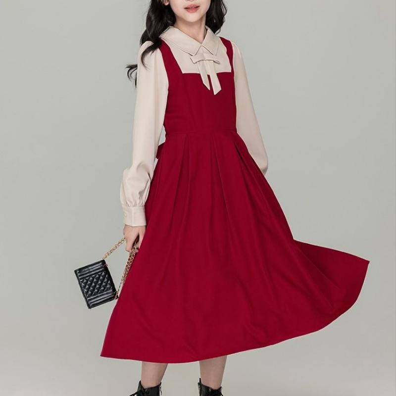 Girls' Color-blocked Faux Two-piece Long-sleeved Dress - Fall/Winter Children's Fashionable Princess Dress