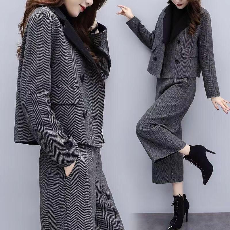 Seturi de Pantaloni Două Piese Femei Cardigan de Lână Blazer Gros cu Nasturi Pantaloni cu Picior Larg Buzunare Costume Casual Solide Îmbrăcăminte Exterioară Iarnă