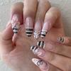 24PCS Almond Press on Nails Black Polka Dots Blue Stripes Texture French Fake Nails for Women Sweet Cool High-quality Nail Tips