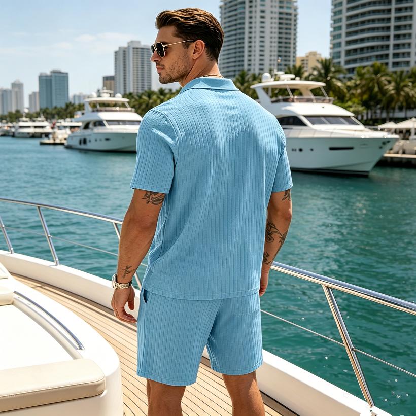Men's Summer Beach Outfits 2 Pcs Jacquard Knit Lounge Short Sleeve Shirts and Shorts Vacation Texture Sets