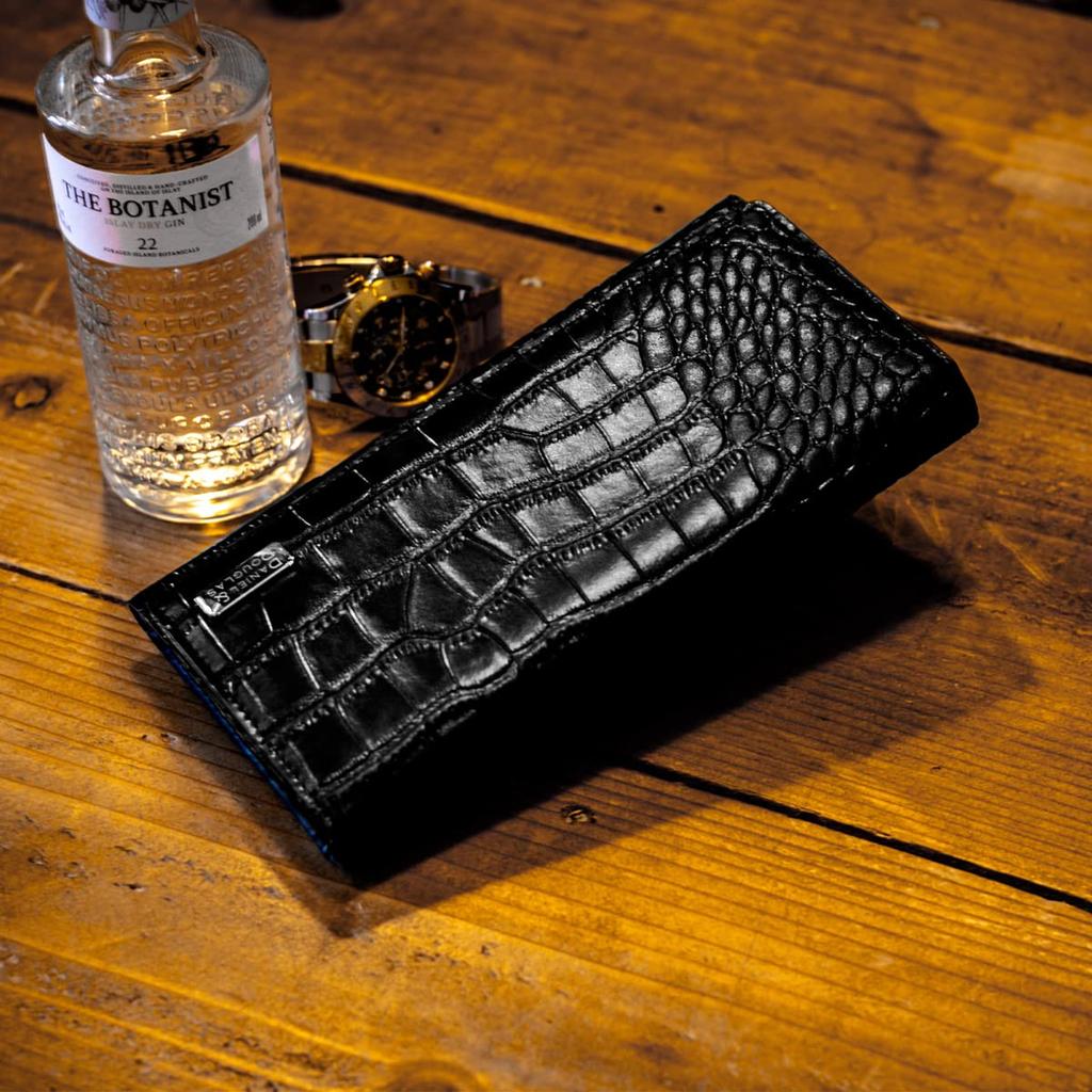 [Daniel & Douglas] Long Wallet, Brand Leather Long Wallet, Black, Men's (Crocodile x Gold)