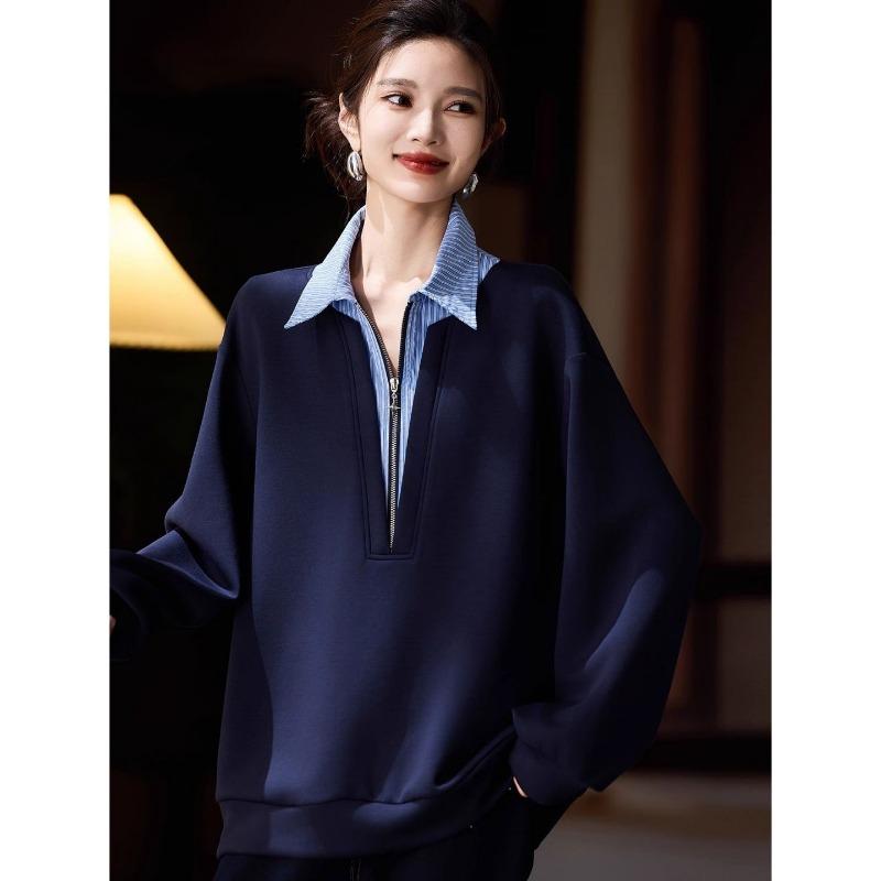 Autumn and Winter Korean Style Fake Two-piece POLO Collar Top Fashionable and Stylish Mid-length Sweatshirt for Women