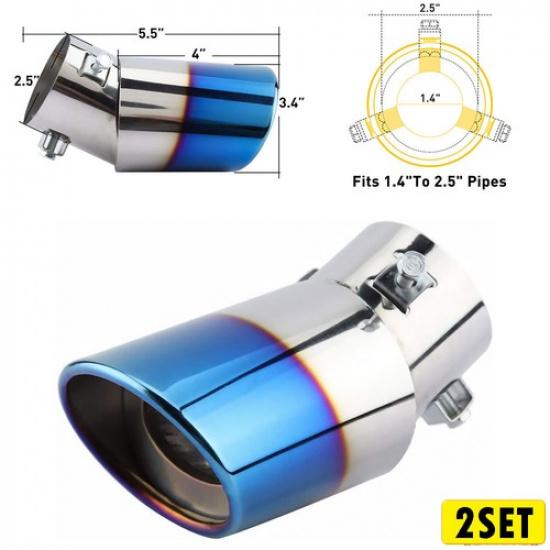 2Set Car Blue Dual Exhaust Pipe Tailpipe Stainless Steel Tail Muffler Tip Throat
