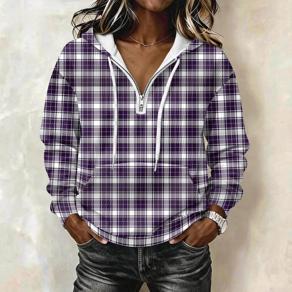 Women's Long Sleeve Drawstring Hoodie with Striped Plaid Print Pullover Sweatshirt