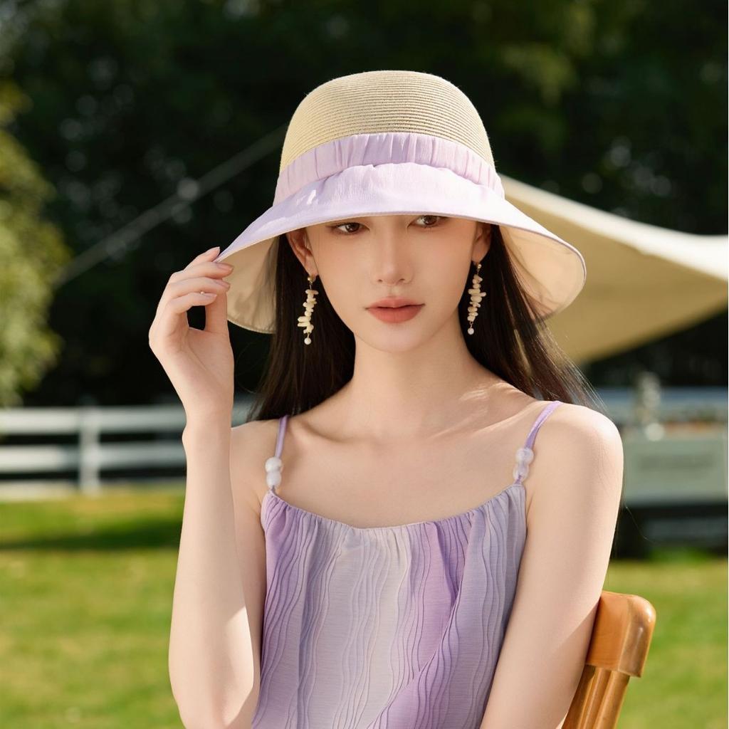 Sun hat women's summer sun protection UV protection sun hat breathable straw hat face small bow foldable hat