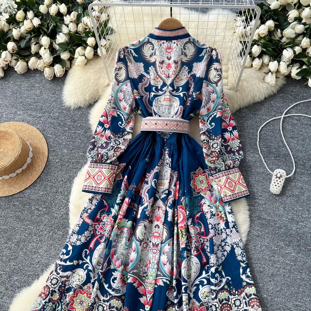 Frühling Herbst Damen Designer Runway Kleid Stehkragen Vintage Print Einreiher Urlaub Party Kleider mit Gürtel