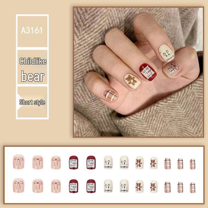 

Plaid Cartoon Bear Press-On Nails with Bow - Short, Versatile, One-Size False Nail Art Patches