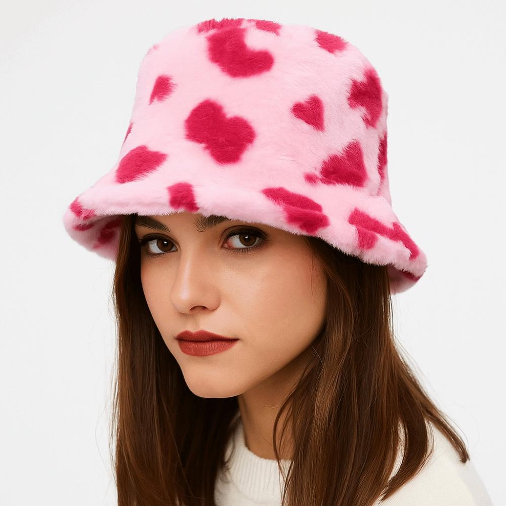 Fluffy Plush Fisherman Hat Thicken Winter Plush Hat Cute Love Heart Bucket Hat  Girl