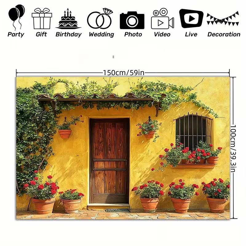 2D Backdrop with Bright Yellow Mediterranean House, Wooden Door, Climbing Ivy & Red Rose Pots