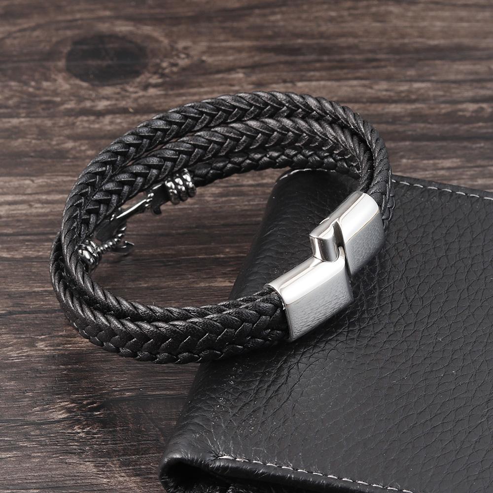 2019Fashion Stainless Steel Anchor Bracelet Men Black Braided Cowhide Leather Rope Bracelets Wrap Punk Charm Jewelry