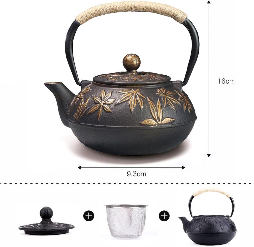 Iron Teapot, No Enamel, Iron Supplement, Teapot with Strainer, Induction Cooking, Direct Heat, Stylish, Gold Maple Leaf Design, 800ml