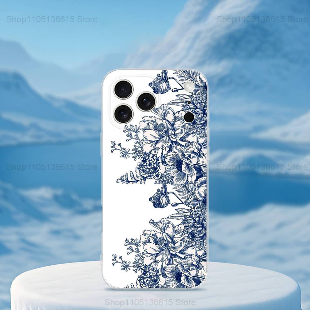 Blue White Porcelain Pattern Phone Case For iPhone 16,15,14,13,12,11,17 Pro,Max,Plus,X,XS,XR,SE,Mini Transparent Soft Cover