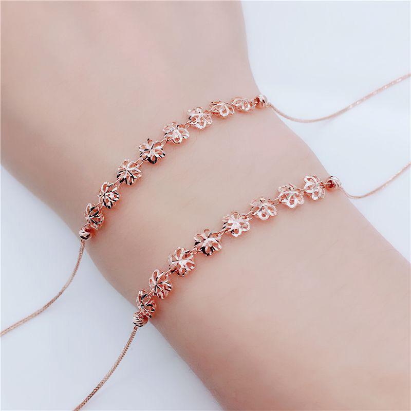 Rose-Plated Pure 585 Purple Gold Bracelet For Women, Japan And Korea Hollowed-Out Shiny Gold Flower Jewelry