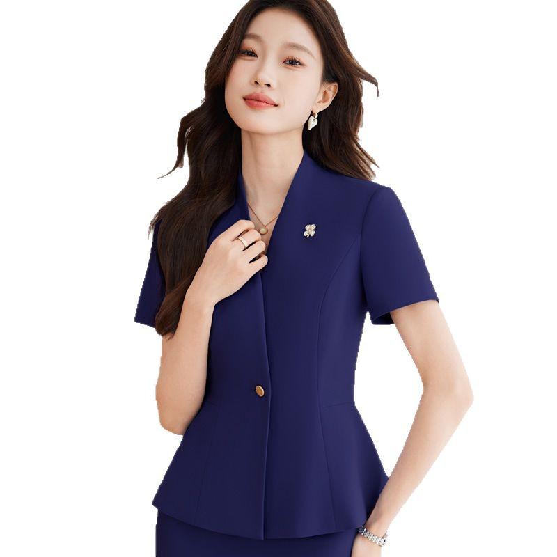 Women's Short Sleeve Black Blazer & Skirt Suit Set - Summer 2024 High-End Professional Workwear