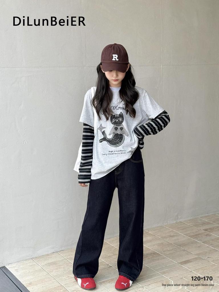 Unisex Wide-Leg Velvet Jeans with Cherry Embroidery for Girls - Loose Fit, Solid Color, Ideal for Middle and Older Children