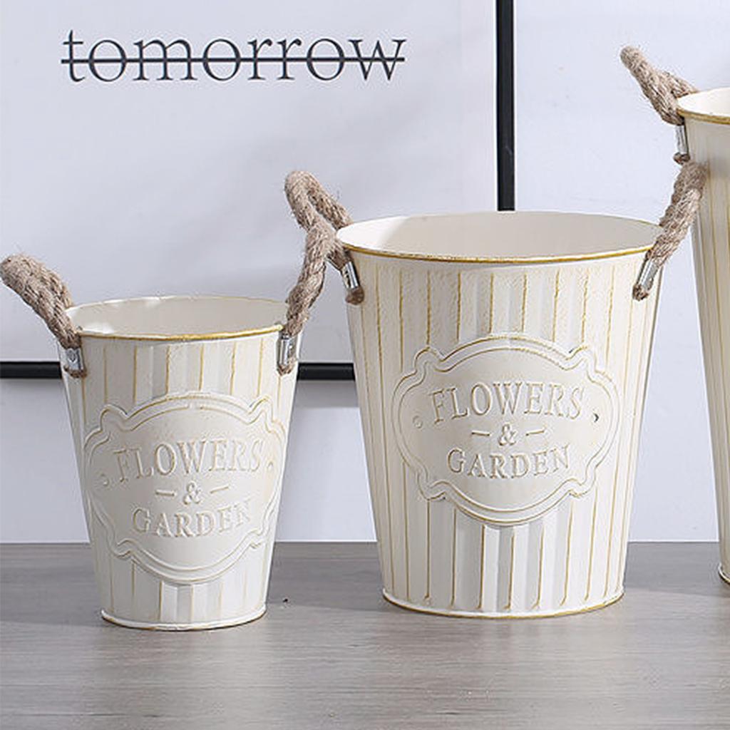 Vintage White Metal Planter Pot with Rope Handles 21cm Tall Drainage Hole Retro Style Flower Pot