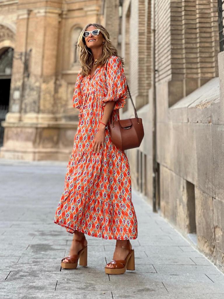 New Arrivals  Geometric Print Bubble Sleeve Dress Street Style Plus Size Women's Clothing