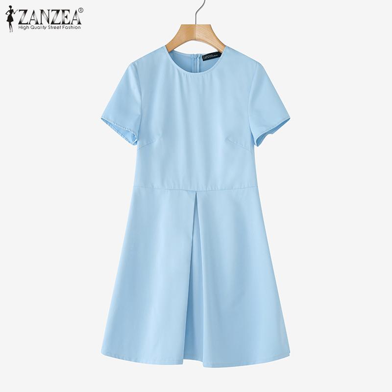ZANZEA Womens Summer Casual Round Neck Short Sleeve Dress