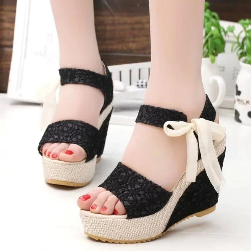 Hot Leisure Lace Women Wedges Heeled Woman Shoes Girls Summer Sandals Party Platform High Heels Dance Shoes