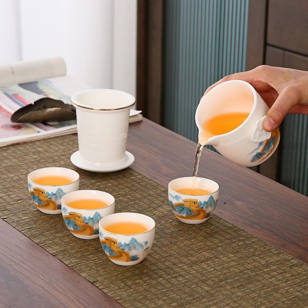 Skopový tuk Jade Bílý porcelán Cestovní čajová souprava Kung Fu Hrnec se čtyřmi šálky Sada přenosných sáčků Venkovní keramický čaj Rychlý šálek