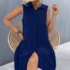 QICED Women's Lapel Patchwork Sleeveless Solid Color Dress