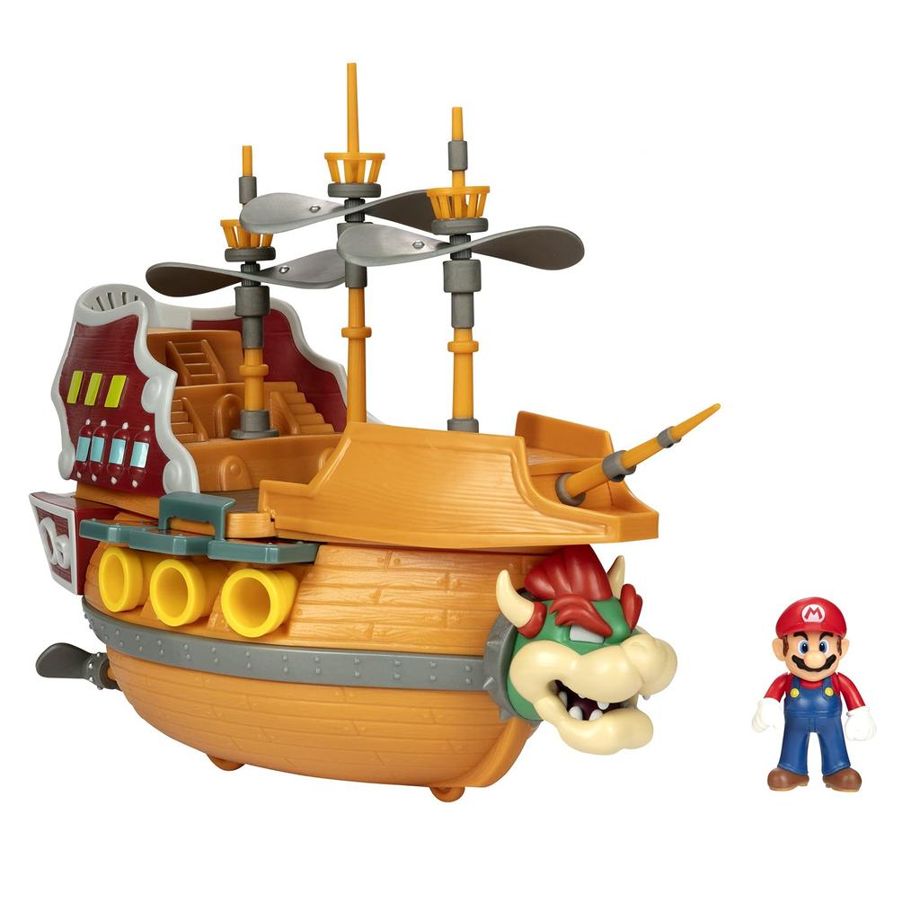 Super Mario Deluxe Bowser's Airship Playset with Mario Action Figure - Authentic In-Game Sounds & Spinning Propellers