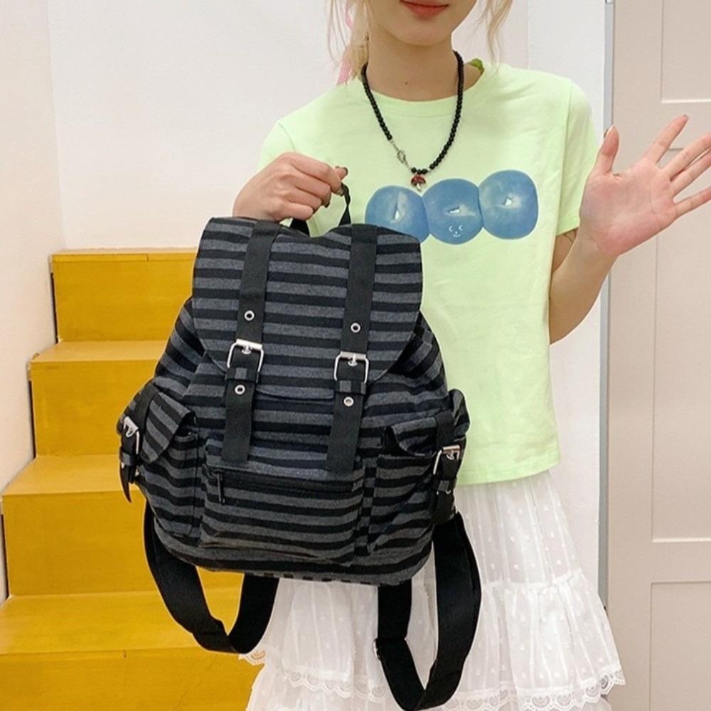 Retro Large Capacity Striped Backpack Korean Style Multi-pocket Students Schoolbag Nylon Hiking Camping Bag Girl