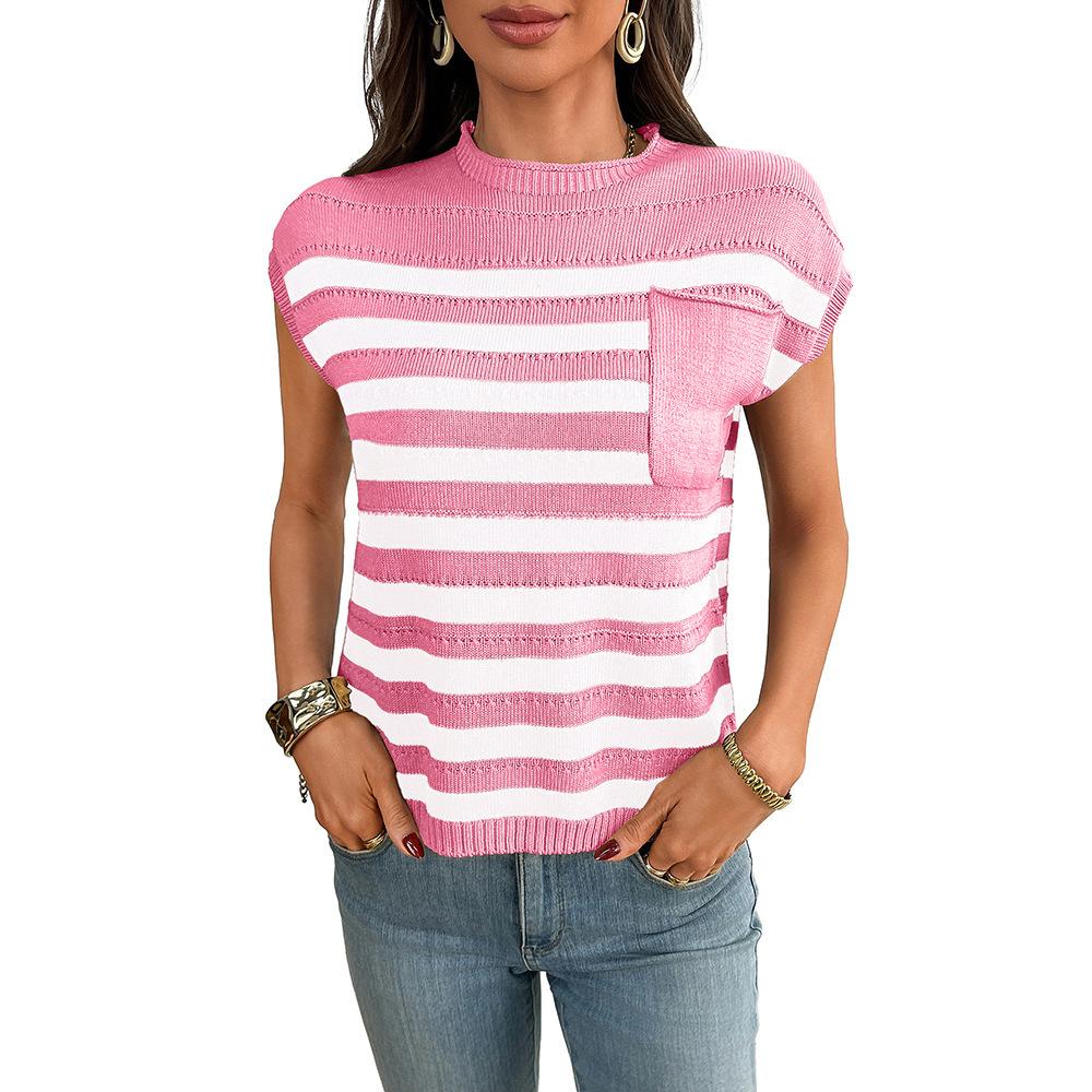 Women's Three‑Quarter Sleeve Knit Top Crew Neck Vintage Striped Pullover Sweater