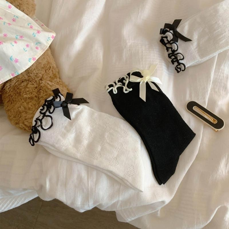 Women's Lolitas Cute Summer Calf Socks Japanese Sweet Bowknot Crew Socks JK Uniform Loose Socks Ruffle Frilly Ankle Sock