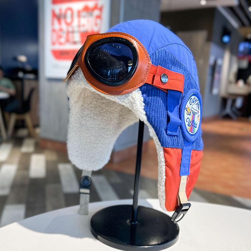 Removable Goggles Pilot Hat for Men and Women In Autumn and Winter Thickened Velvet Lei Feng Hat Cycling and Skiing Ear Protection Hat