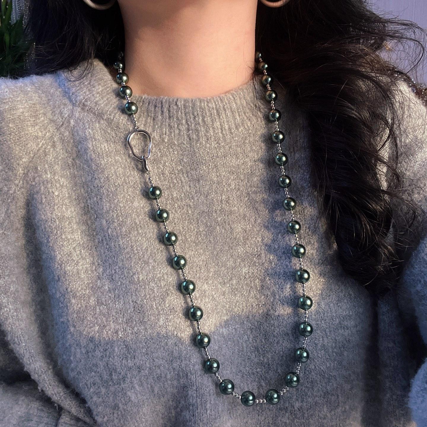 

Autumn And Winter Retro High-Gloss Malachite Green Design Sense Shijia Artificial Crystal Pearl Collarbone Chain Necklace Women