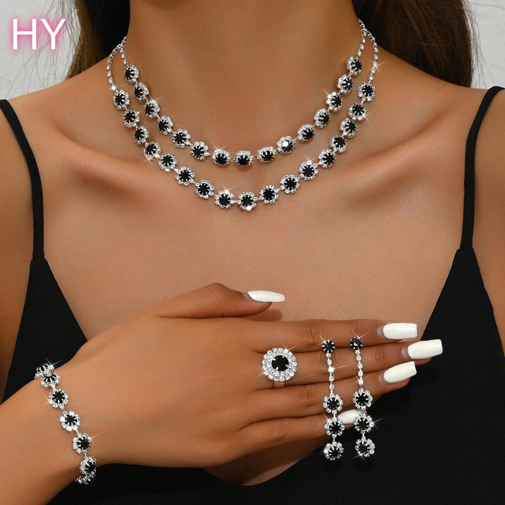 HY Women's 3 Piece Luxury Set Fashionable Shiny Rhinestone Necklace Earrings Bracelet for Anniversaries Party Gift