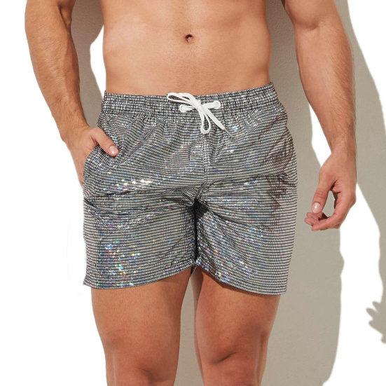Men Gym Shorts Drawstring Elastic Waist Sequin Solid Color Soft Breathable Quick Dry Fitness Jogging Exercise Beach Sportswear Shorts