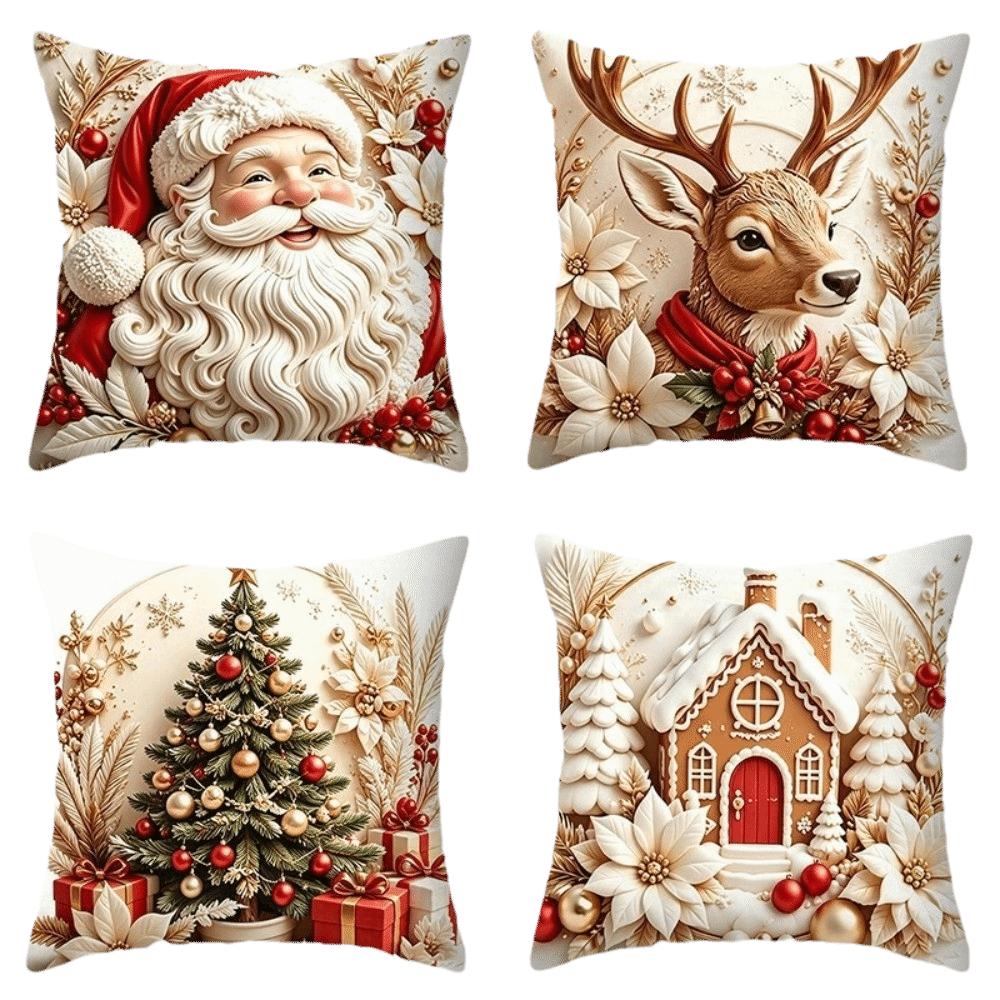 4PCS Tree Flower Christmas Pillow Covers New Year Snowman Pillow Cover Throw Cushion Case Home
